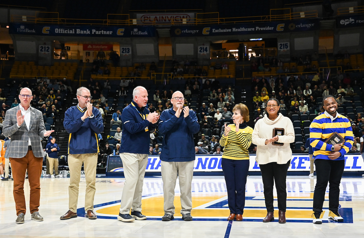 From left: Southern Conference Commissioner Michael Cross, Interim Chancellor Robert Dooley, Vice Chancellor Mark Wharton, Provost Jerold Hale, Dean Valerie Rutledge, Dr. DeAnna Beasley and Terrence Banks.