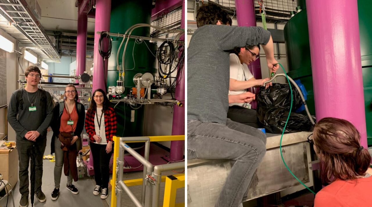 Rebecca Godri (white shirt) and two of her UTC physics undergraduate colleagues, John O'Neal and Sara Mitchell, traveled to Oak Ridge National Laboratory in March 2020 during UTC's spring break to do some work on the Nab experiment. Photos courtesy of Dr. Josh Hamblen.