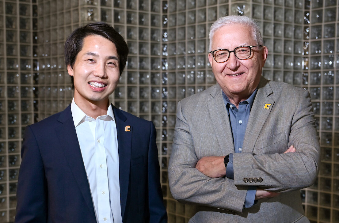Dr. Tian Li, UTC assistant professor of physics and chief technology officer for the Quantum Center, left, and Vice Chancellor for Research Reinhold Mann. Photo by Angela Foster.