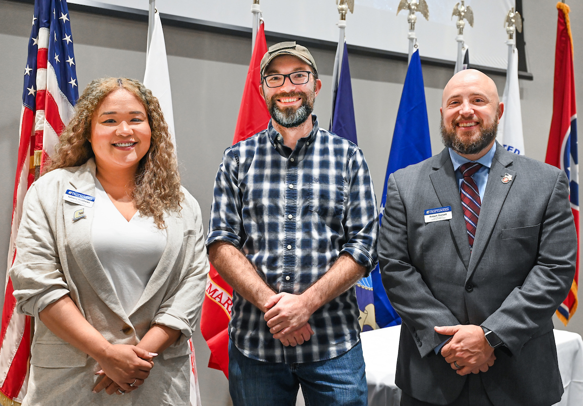 Director of Veteran and Military Affairs Sylvana Matthews, UC Foundation Sgt. David Alex Stephens Scholarship recipient James Sellers and Associate Director of Veteran and Military Affairs Robert Dorsett.