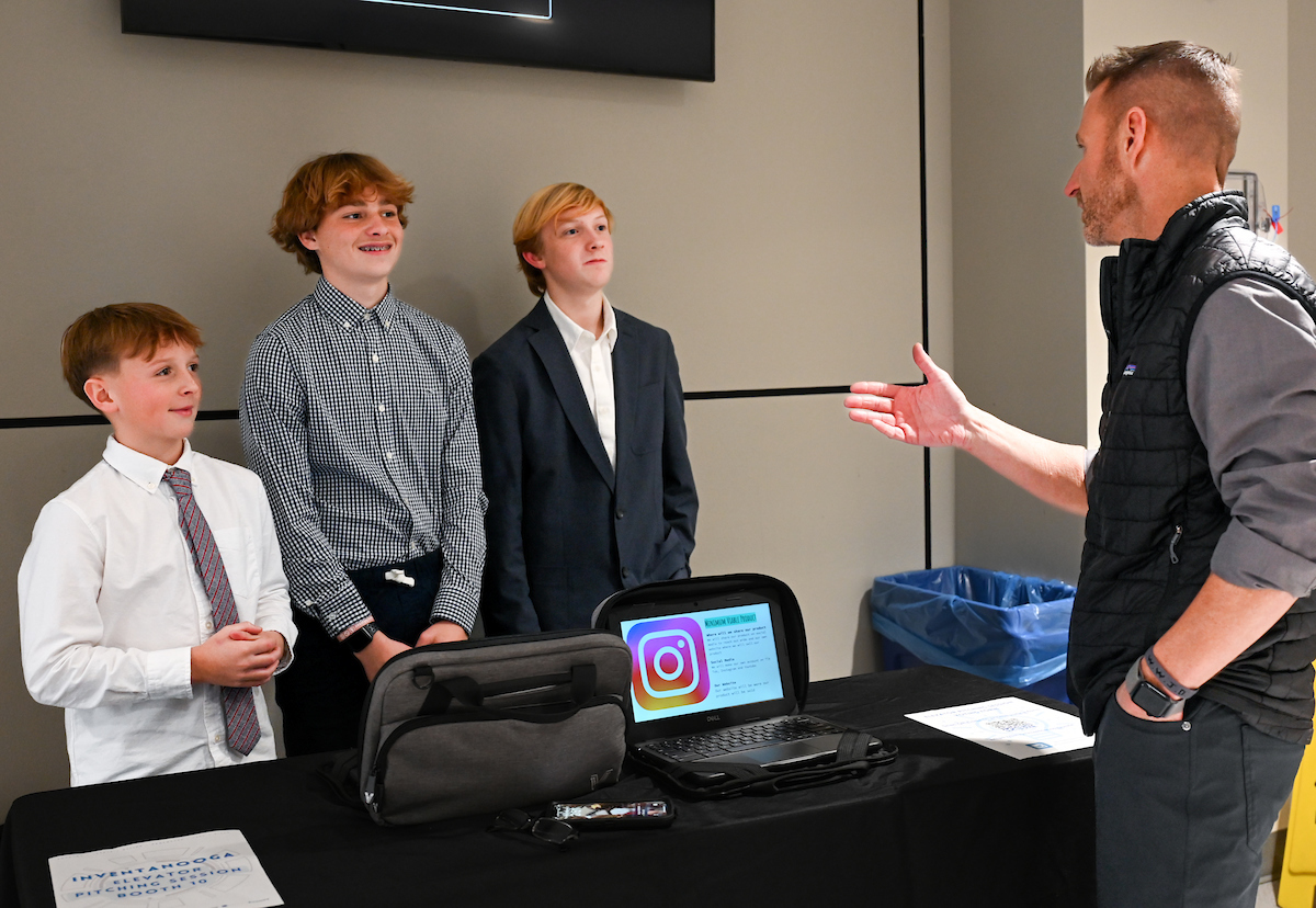 Ocoee Middle School students Jackson Kahn, left, Will Seahorn and Graham Hines presented a pickleball solution to assist with boundary calls.