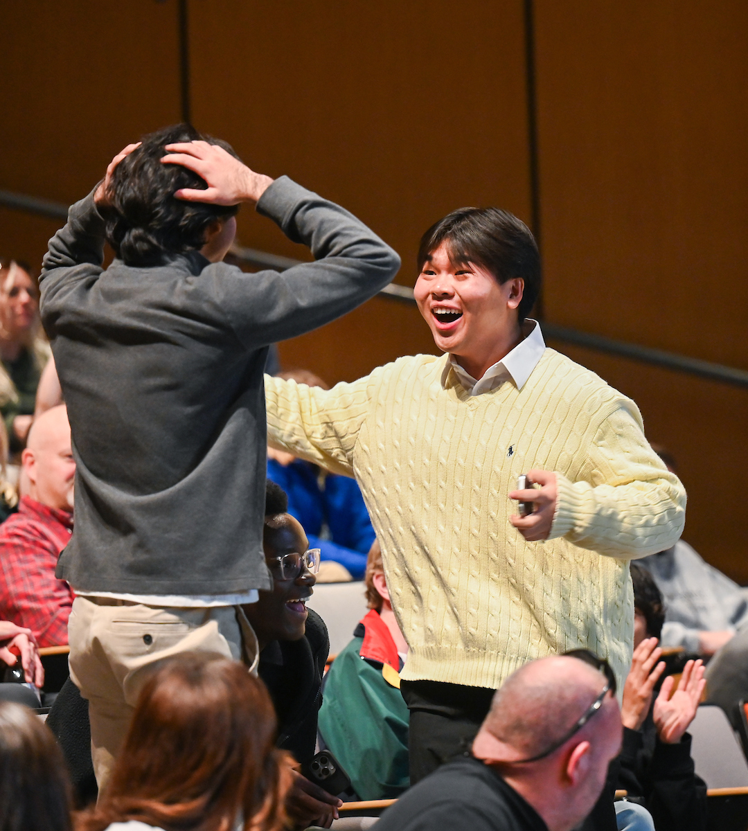 STEM School Chattanooga seniors Neal Khera and Josh Bunn learn that their executive pitch earned top honors at Inventanooga 2024.