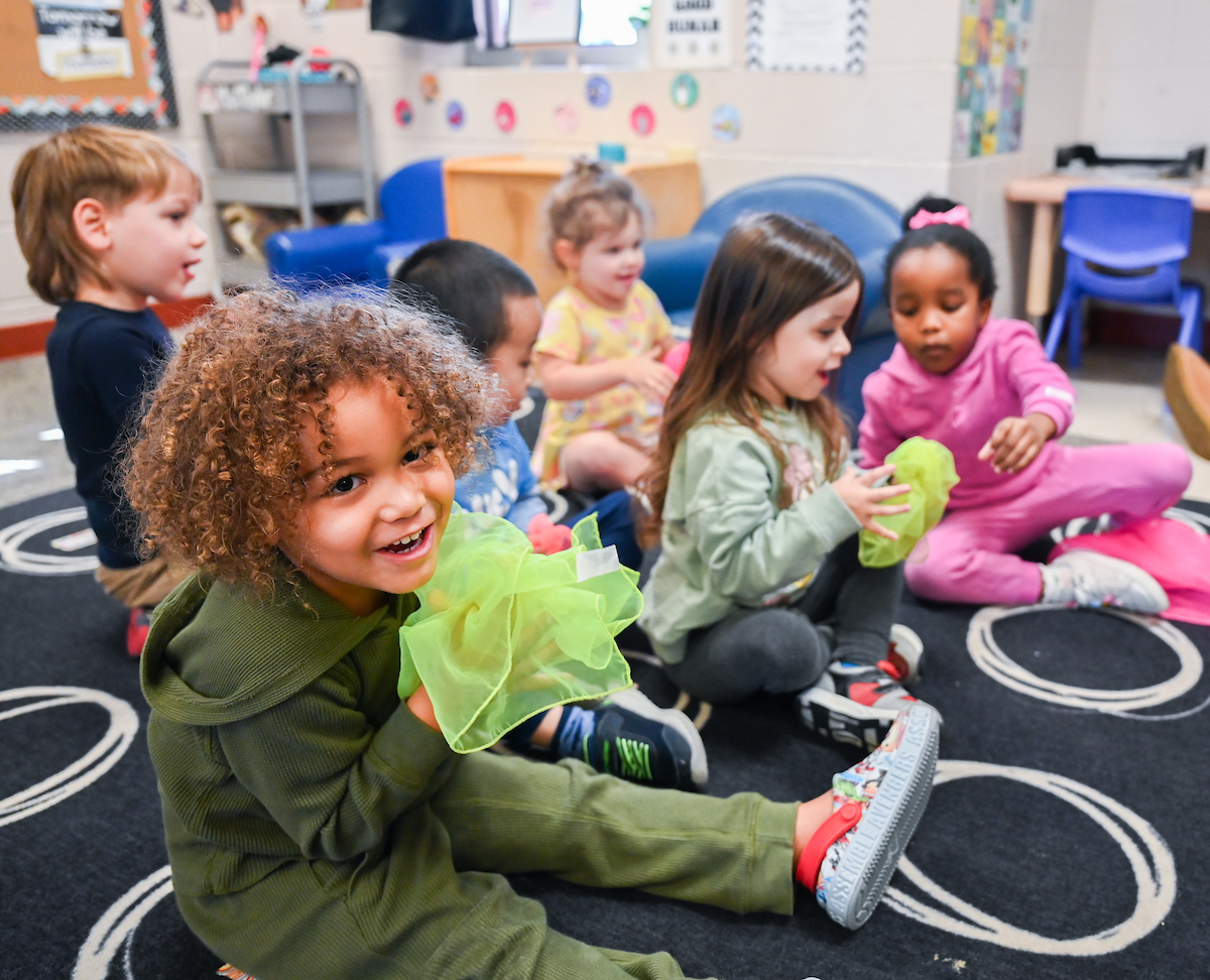 Jamie Harvey’s Physical Education in the Elementary School students work with children Wednesday, Nov. 13, 2024 at the UTC Children’s Center.