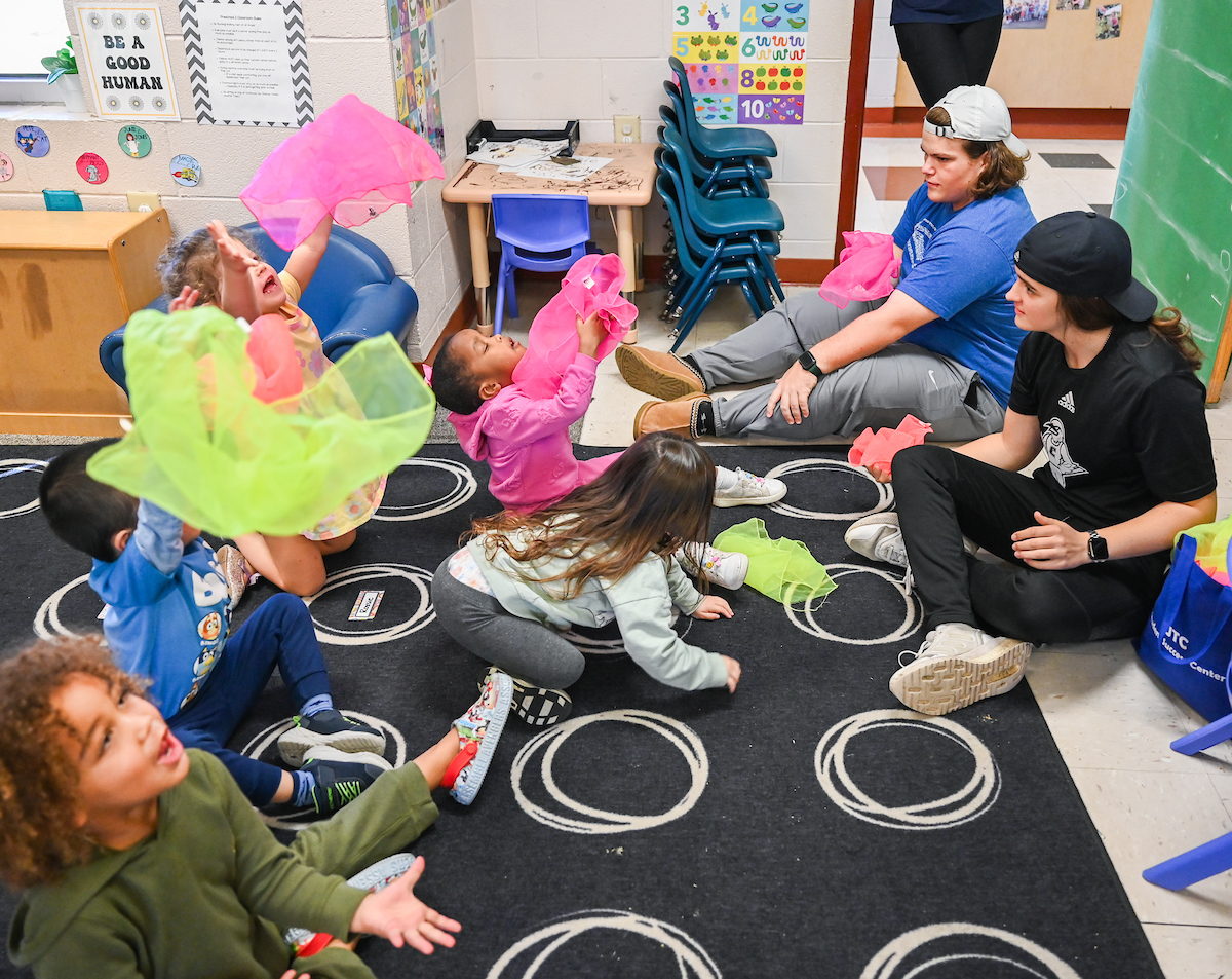 Jamie Harvey’s Physical Education in the Elementary School students work with children Wednesday, Nov. 13, 2024 at the UTC Children’s Center.