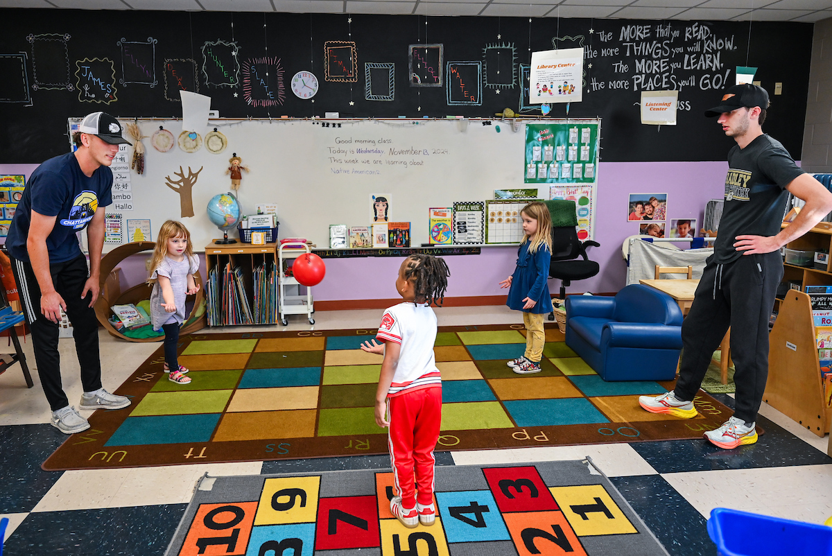 Jamie Harvey’s Physical Education in the Elementary School students work with children Wednesday, Nov. 13, 2024 at the UTC Children’s Center.