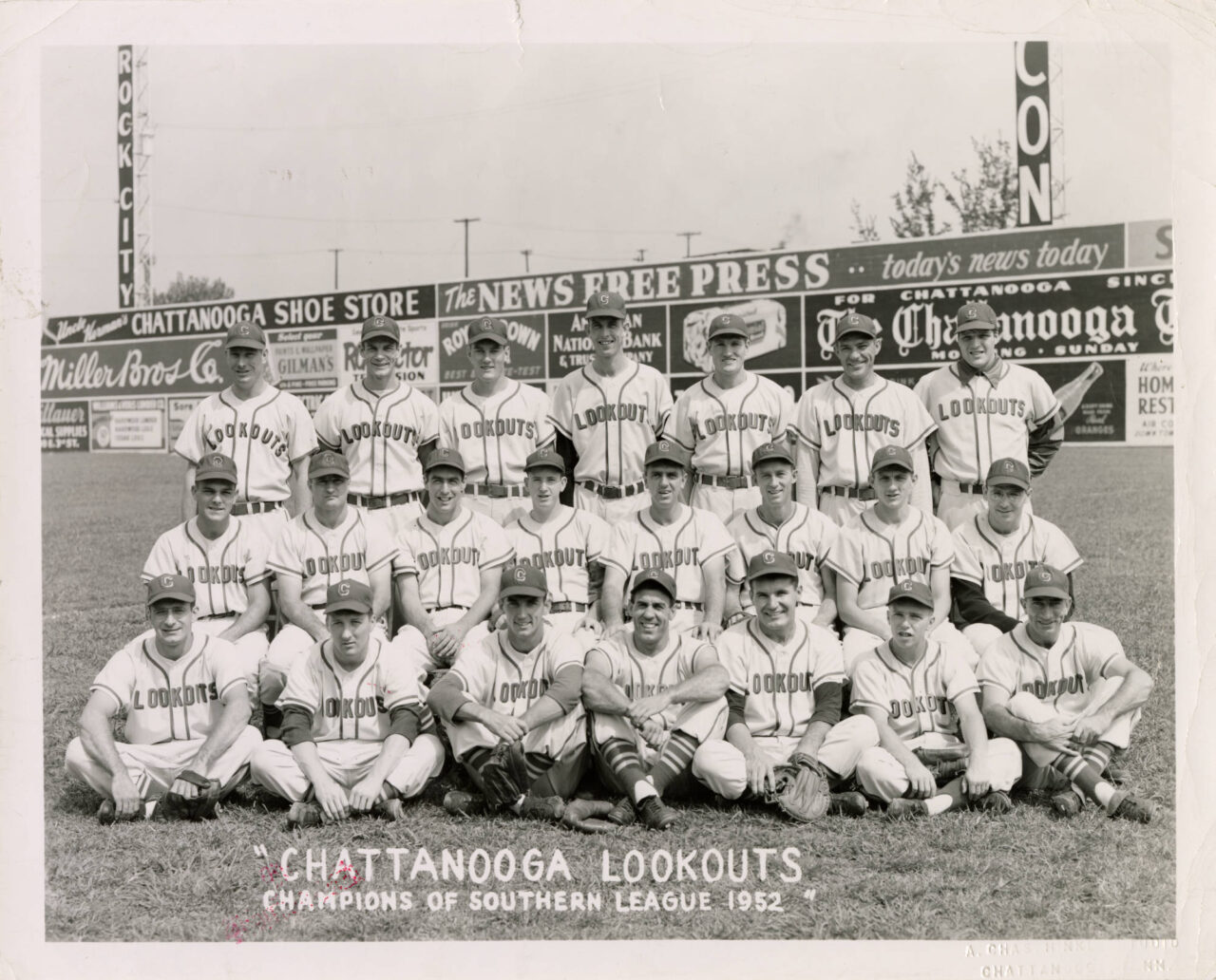 Black-and-white photograph of the 1952 Chattanooga Lookouts on the field at Engel Stadium. Photo courtesy of University of Tennessee at Chattanooga Special Collections.