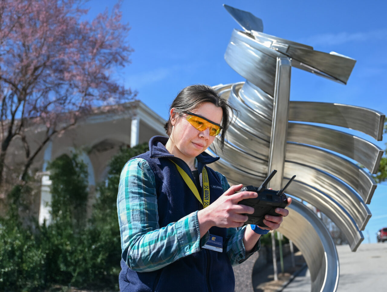 Nyssa Hunt flies a drone over Maclellan Island.
