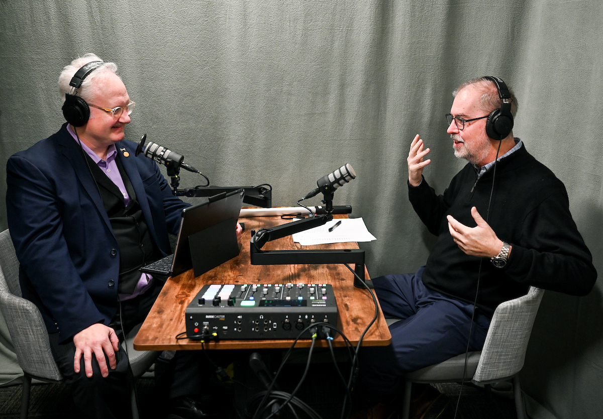 WUTC's Ray Bassett, left, and Dr. Robert Dooley record the first conversation of "Chatting with the Chancellor." Photo by Angela Foster.