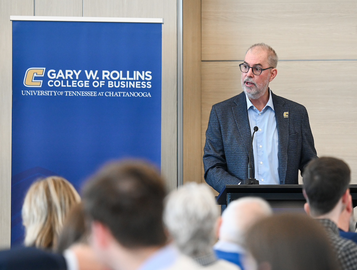 UT System President Randy Boyd, Jay Green and Brad Humphreys participate Thursday, Feb. 6, 2025 in a panel discussion about the economics of sports.