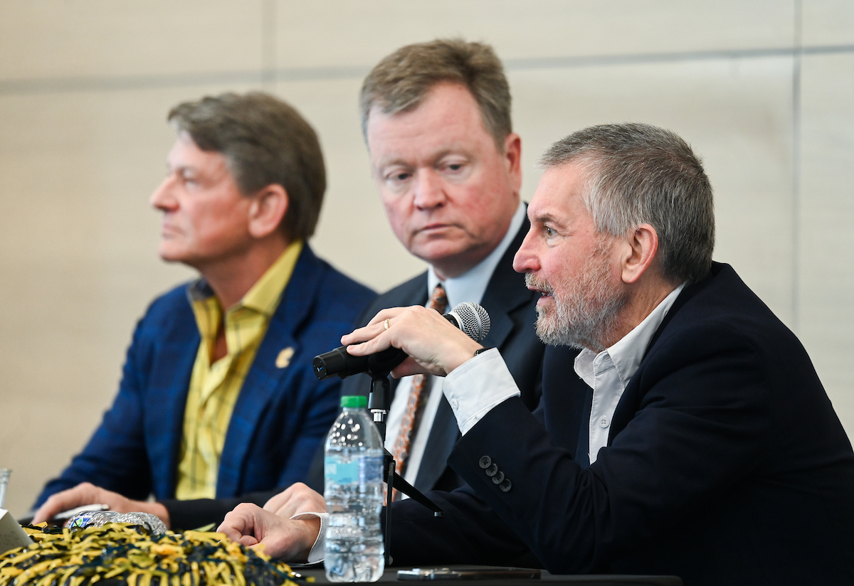 UT System President Randy Boyd, Jay Green and Brad Humphreys participate Thursday, Feb. 6, 2025 in a panel discussion about the economics of sports.