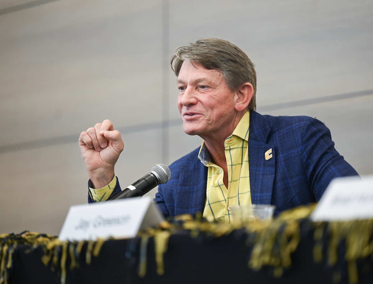 UT System President Randy Boyd, Jay Green and Brad Humphreys participate Thursday, Feb. 6, 2025 in a panel discussion about the economics of sports.