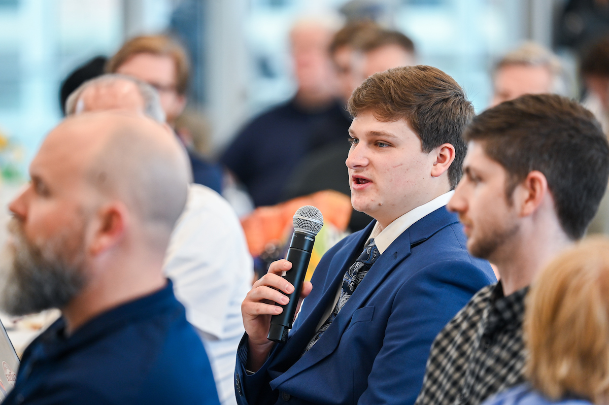 UT System President Randy Boyd, Jay Green and Brad Humphreys participate Thursday, Feb. 6, 2025 in a panel discussion about the economics of sports.