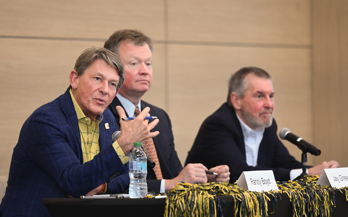 Economics of Sports panelists Randy Boyd (left), Jay Greeson and Dr. Brad R. Humphreys. Photo by Angela Foster.