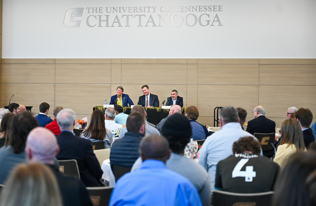 UT System President Randy Boyd, Jay Green and Brad Humphreys participate Thursday, Feb. 6, 2025 in a panel discussion about the economics of sports.