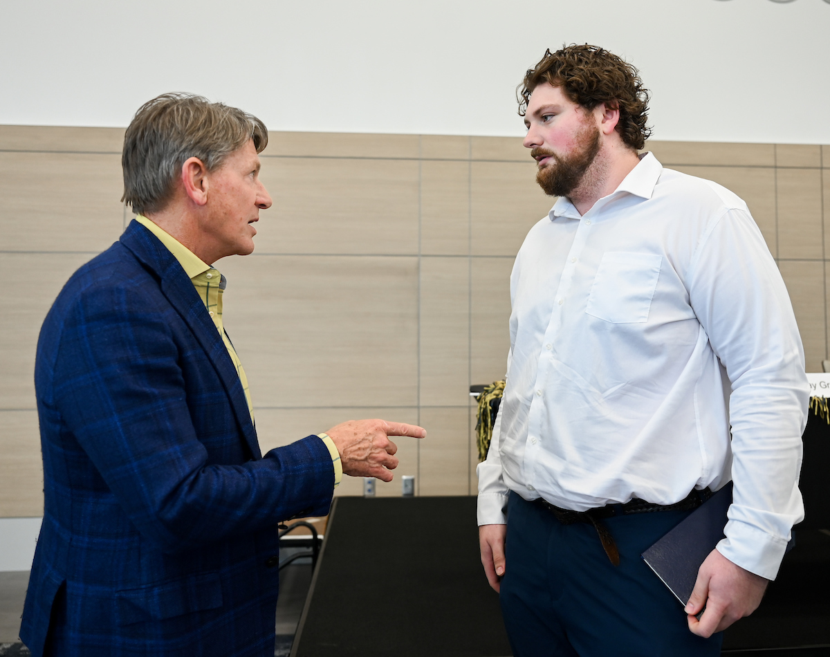 UT System President Randy Boyd, Jay Green and Brad Humphreys participate Thursday, Feb. 6, 2025 in a panel discussion about the economics of sports.