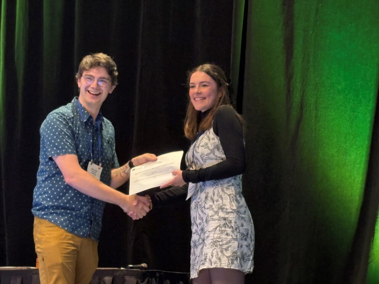 Julia Prins was recognized with the North Carolina Botanical Garden’s Best Student Oral Presentation for her talk, “Modeling NatureServe subnational conservation status ranks for Tennessee Vascular Plants.” The award was given by Brandon Wheeler, the garden’s conservation ecologist. Photo courtesy of Dr. Gretchen Potts.