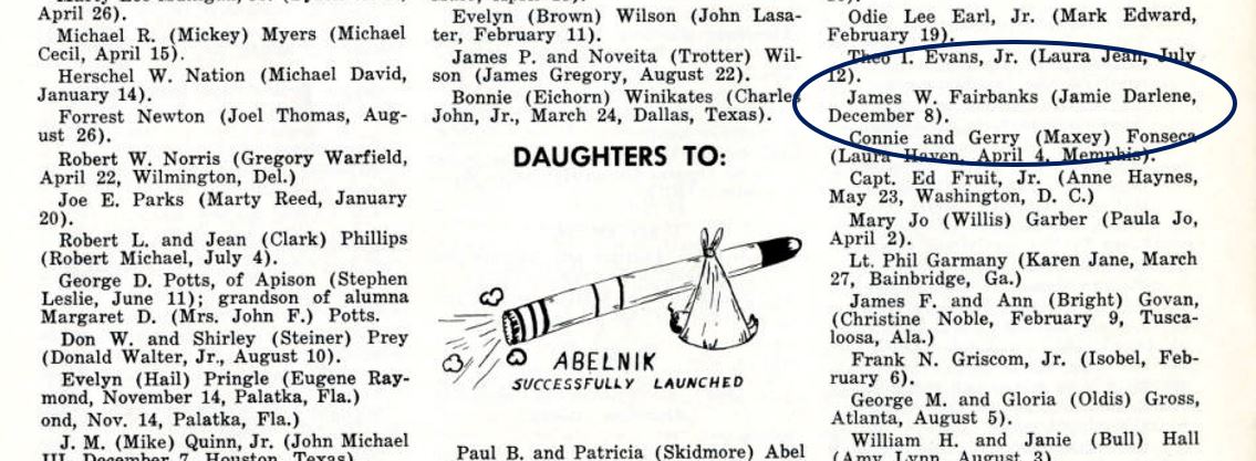 Jamie Harvey's first known appearance in a University publication: Page 24 of the October 1958 University of Chattanooga alumni news magazine. Photo courtesy of UTC Digital Collections.