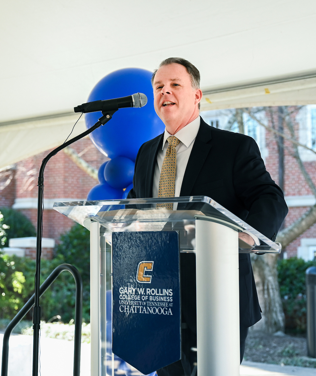 Officials attend a groundbreaking ceremony Monday, Mar. 3, 2025 for the addition to the Gary W. Rollins Business school.