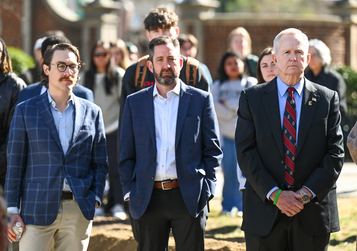 Officials attend a groundbreaking ceremony Monday, Mar. 3, 2025 for the addition to the Gary W. Rollins Business school.