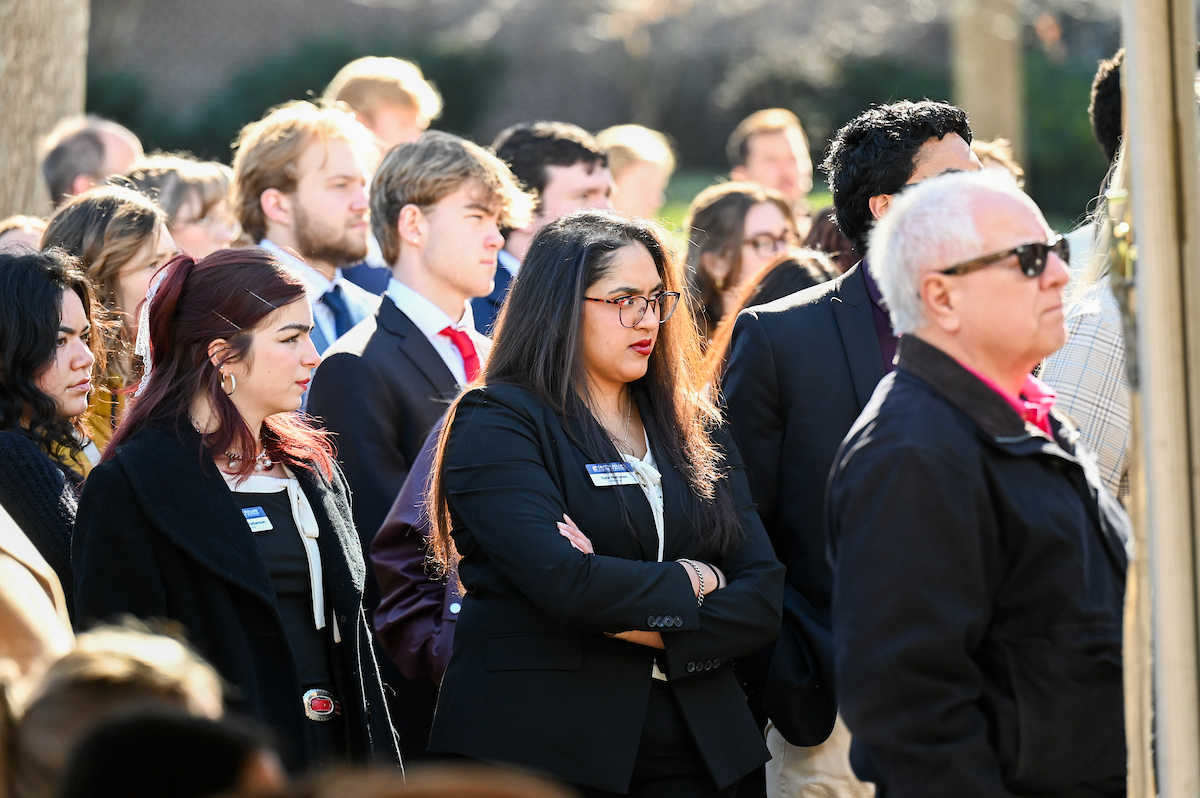 Officials attend a groundbreaking ceremony Monday, Mar. 3, 2025 for the addition to the Gary W. Rollins Business school.