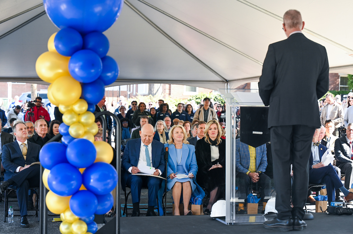 Officials attend a groundbreaking ceremony Monday, Mar. 3, 2025 for the addition to the Gary W. Rollins Business school.