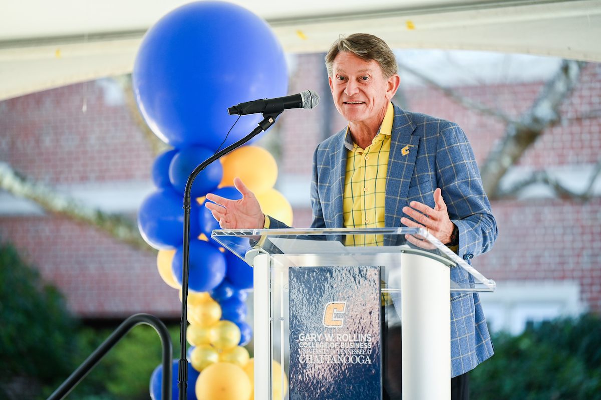Officials attend a groundbreaking ceremony Monday, Mar. 3, 2025 for the addition to the Gary W. Rollins Business school.