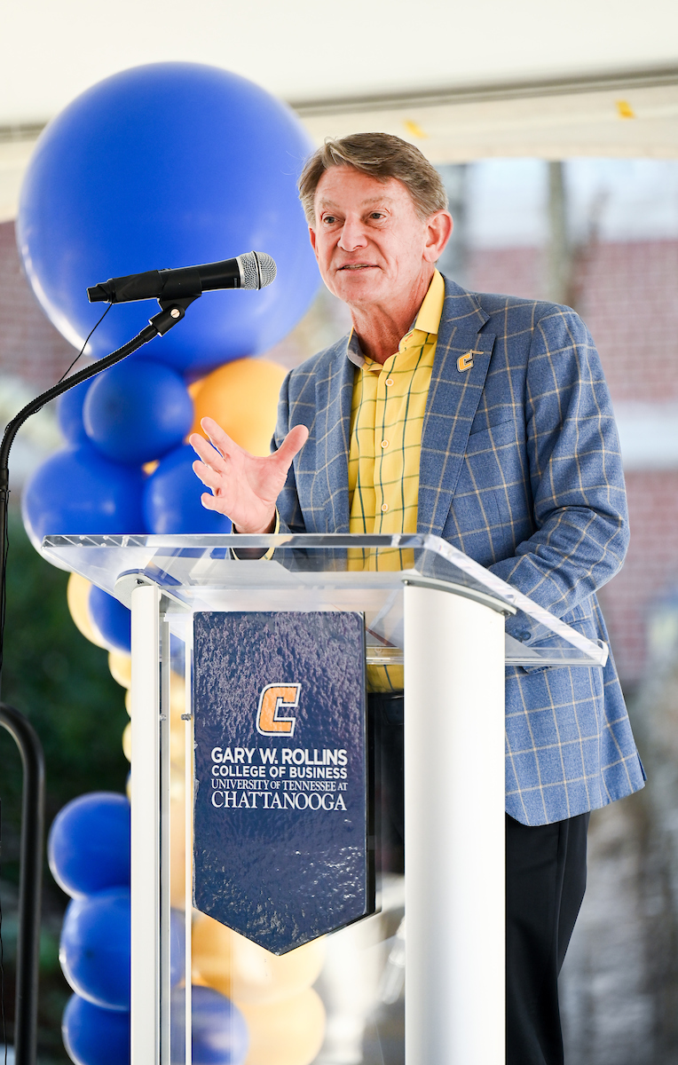 Officials attend a groundbreaking ceremony Monday, Mar. 3, 2025 for the addition to the Gary W. Rollins Business school.
