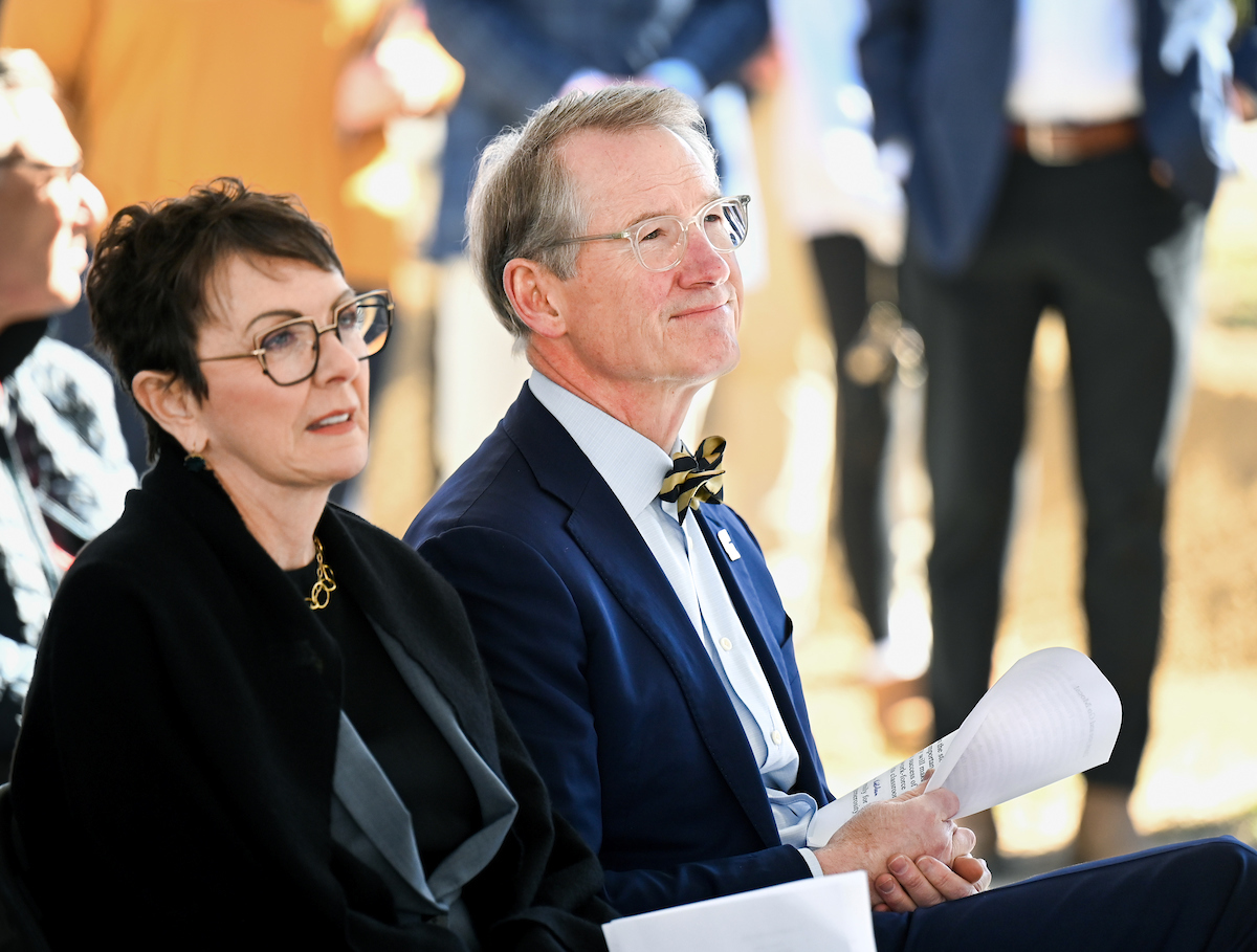 Officials attend a groundbreaking ceremony Monday, Mar. 3, 2025 for the addition to the Gary W. Rollins Business school.