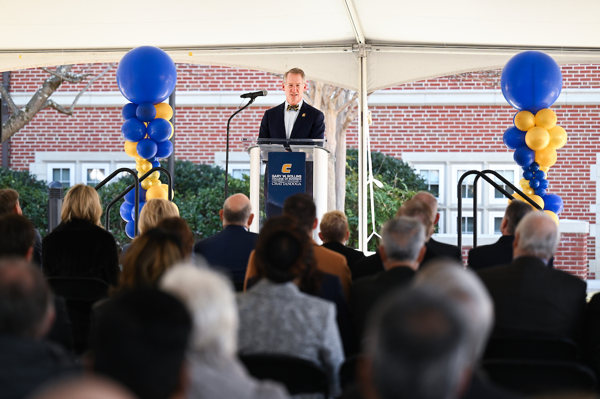 Officials attend a groundbreaking ceremony Monday, Mar. 3, 2025 for the addition to the Gary W. Rollins Business school.