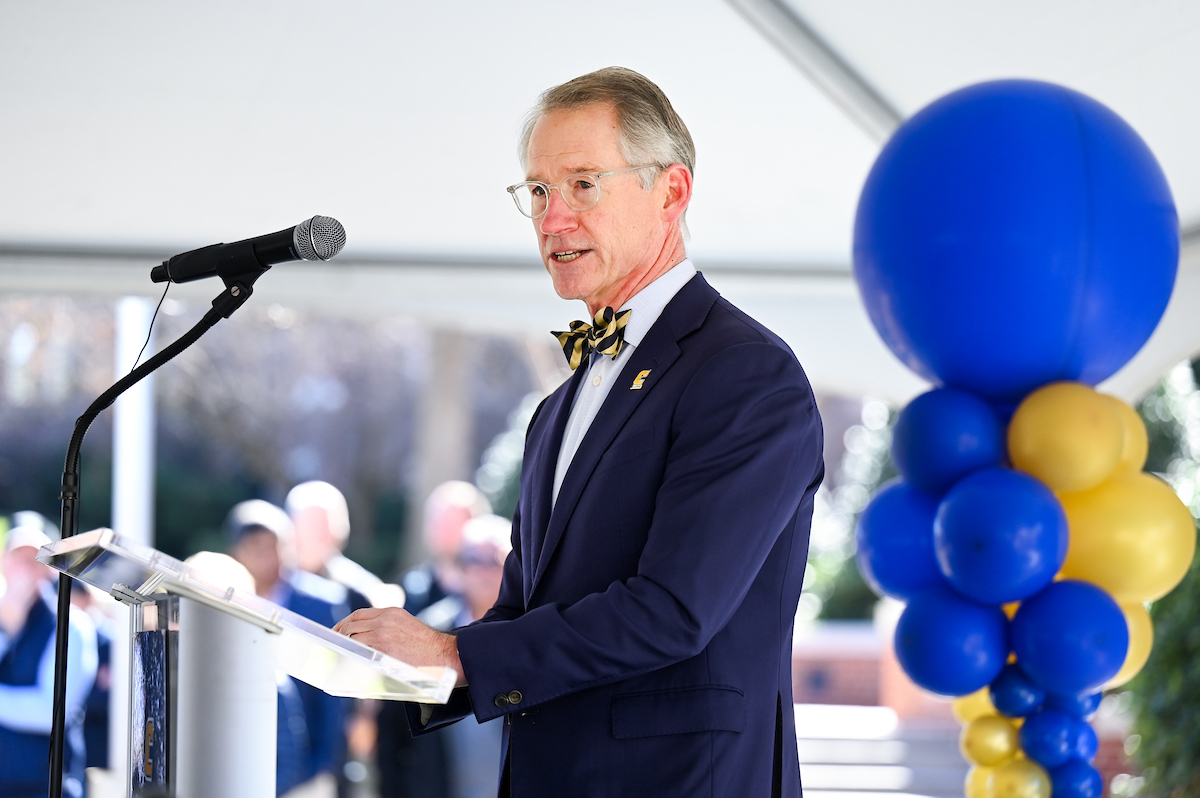 Officials attend a groundbreaking ceremony Monday, Mar. 3, 2025 for the addition to the Gary W. Rollins Business school.