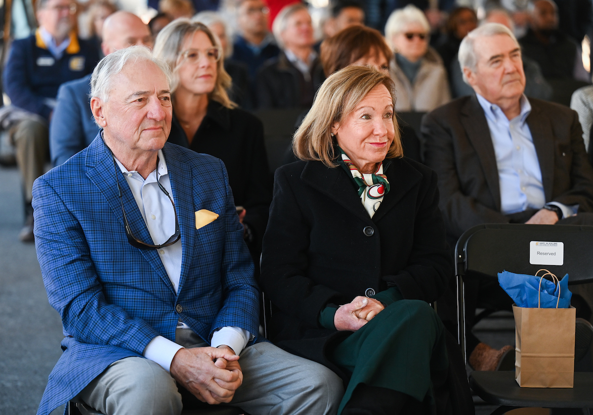 Officials attend a groundbreaking ceremony Monday, Mar. 3, 2025 for the addition to the Gary W. Rollins Business school.