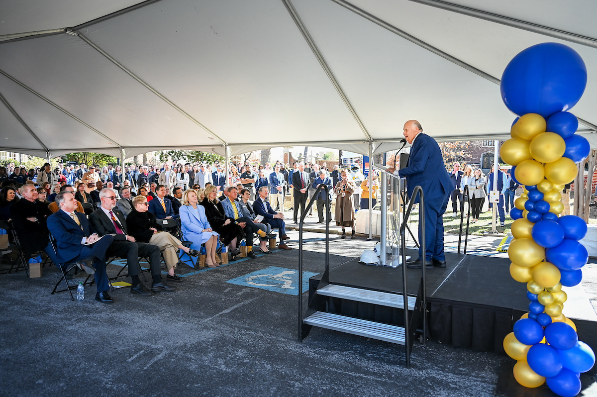 Officials attend a groundbreaking ceremony Monday, Mar. 3, 2025 for the addition to the Gary W. Rollins Business school.