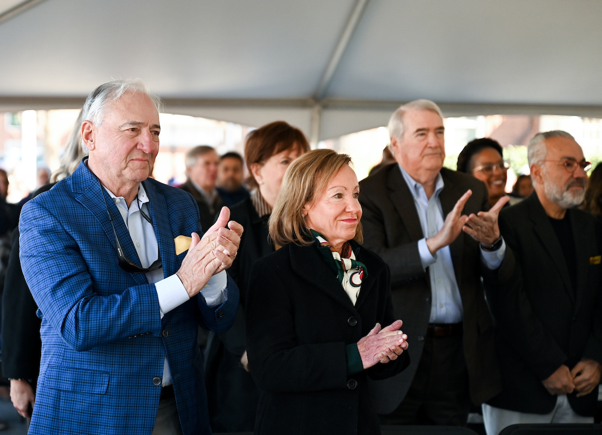 Officials attend a groundbreaking ceremony Monday, Mar. 3, 2025 for the addition to the Gary W. Rollins Business school.