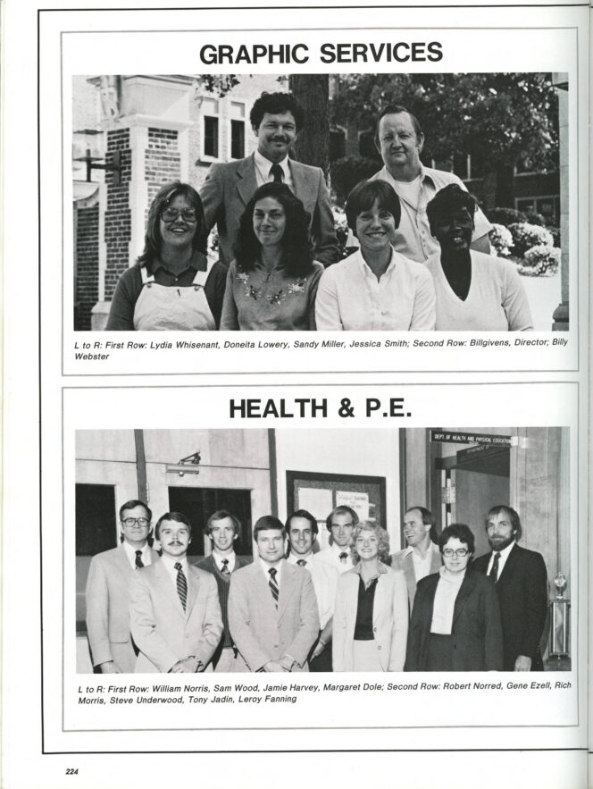 Jamie Harvey (first row, second from right) and the Health, Physical Education and Recreation department's 1983 Moccasin Yearbook photo. Photo courtesy of UTC Digital Collections.