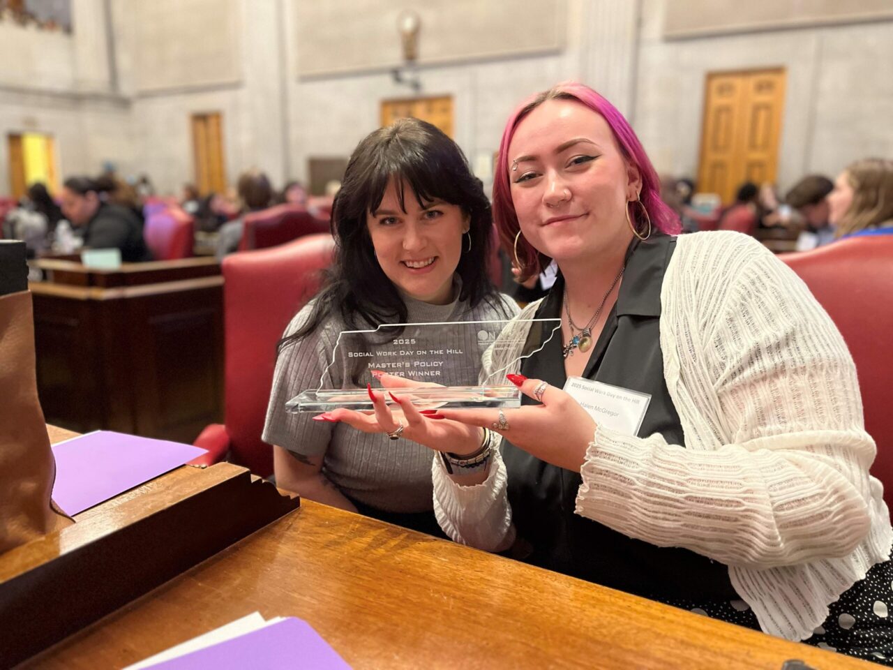 2025 Social Work Day on the Hill Master of Social Work policy presentation contest winners Ashley Spruill and Halen McGregor. Photo courtesy of Dr. Bethany Womack.