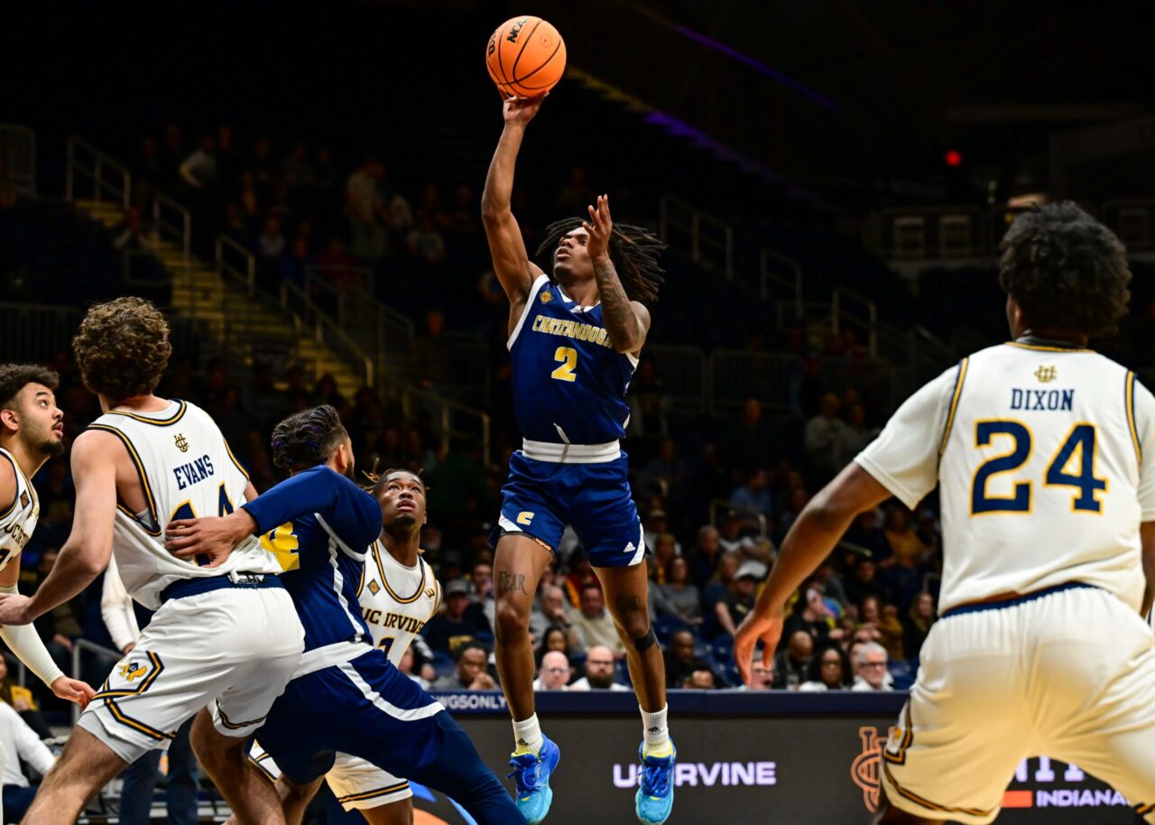 Mocs guard Trey Bonham takes a shot in the NIT championship against the University of California, Irvine. Photo courtesy of Trevor Jolley.