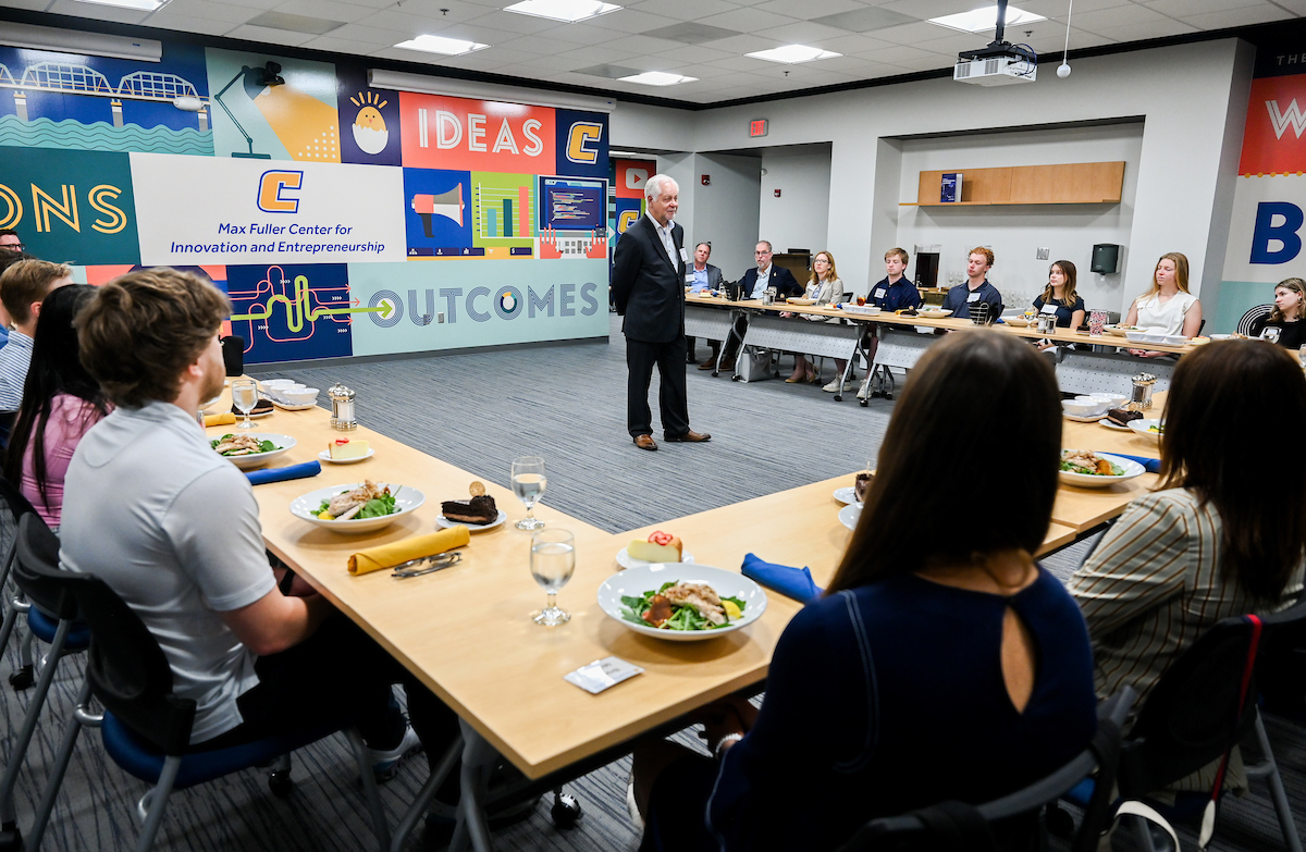 Max Fuller attends a luncheon in his honor Monday, Apr. 21, 2025 in the Max Fuller Center for Innovation and Entrepreneurship.