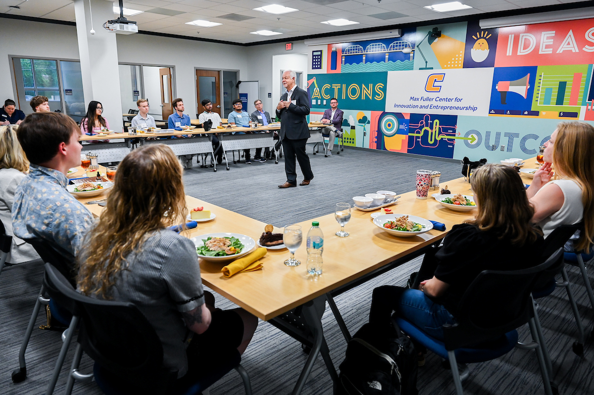 Max Fuller attends a luncheon in his honor Monday, Apr. 21, 2025 in the Max Fuller Center for Innovation and Entrepreneurship.