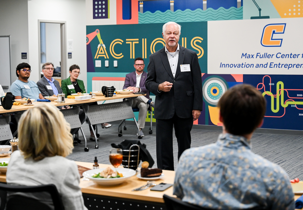 Max Fuller attends a luncheon in his honor Monday, Apr. 21, 2025 in the Max Fuller Center for Innovation and Entrepreneurship.