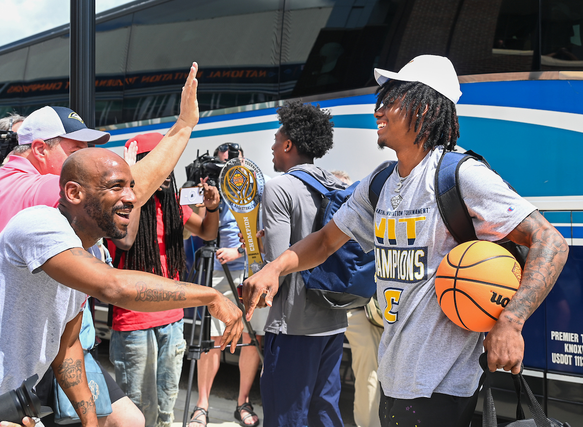 Men’s basketball team members return to McKenzie Arena Friday, Apr. 4, 2025 after winning the NIT tournament in Indianapolis, IN.
