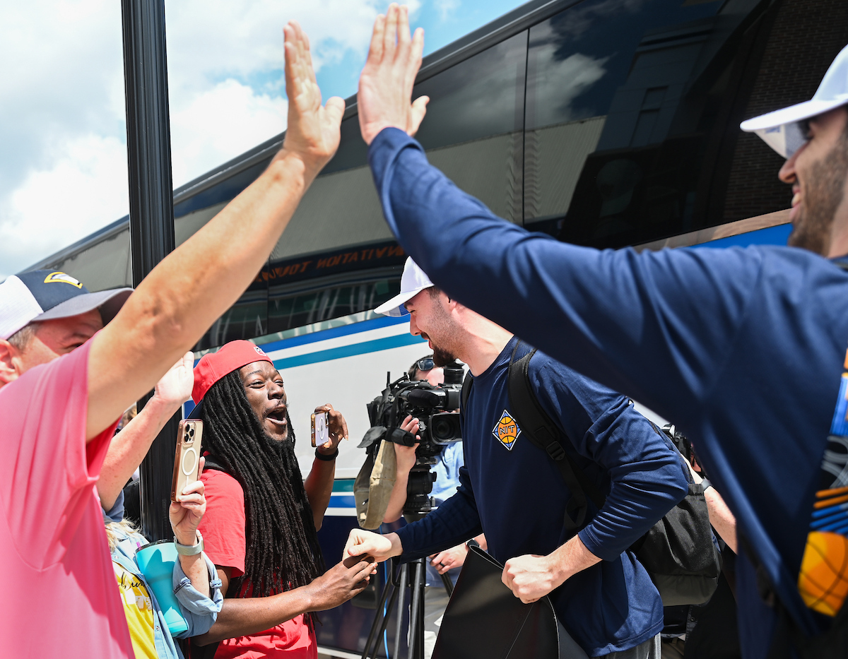 Men’s basketball team members return to McKenzie Arena Friday, Apr. 4, 2025 after winning the NIT tournament in Indianapolis, IN.