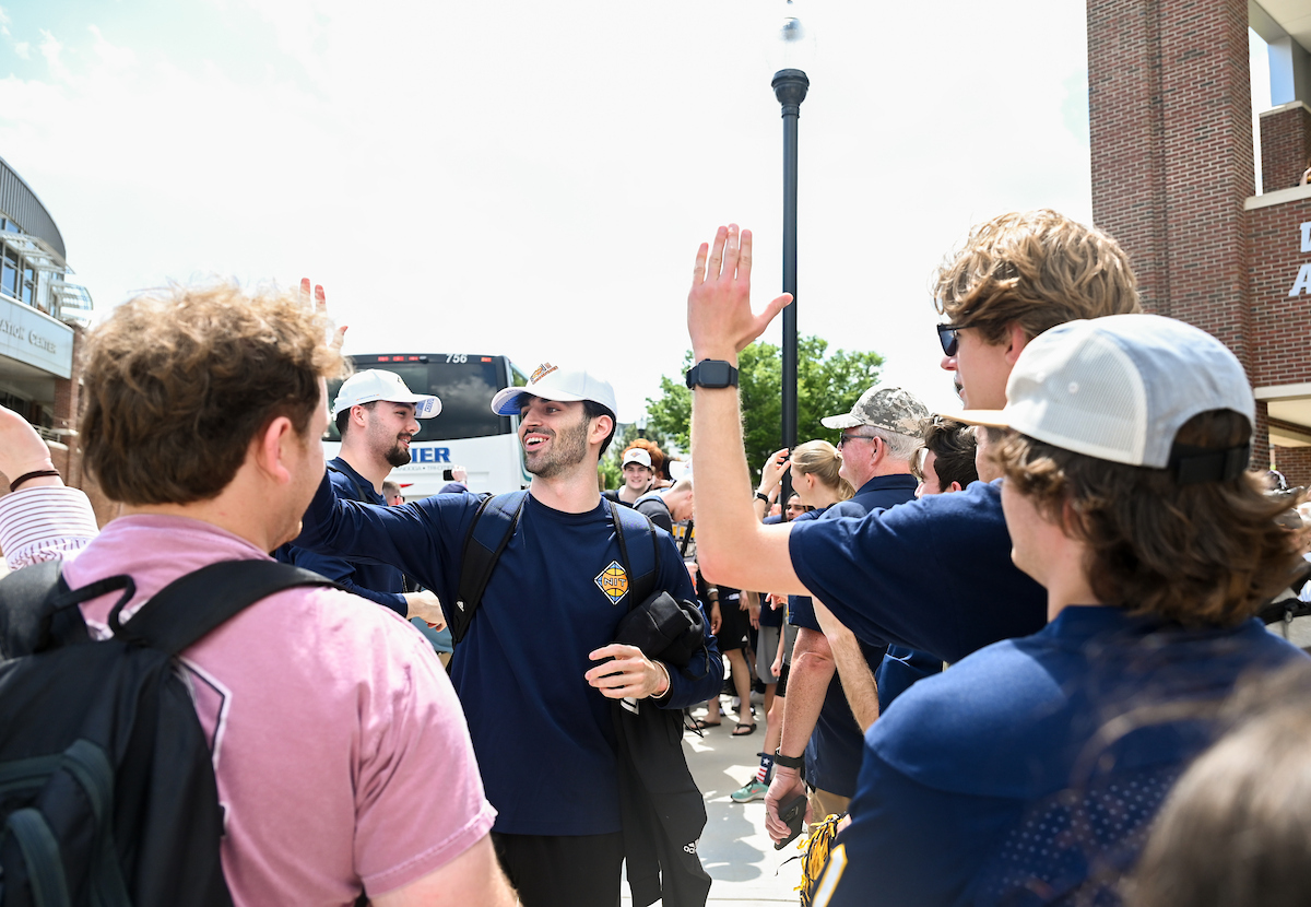Men’s basketball team members return to McKenzie Arena Friday, Apr. 4, 2025 after winning the NIT tournament in Indianapolis, IN.