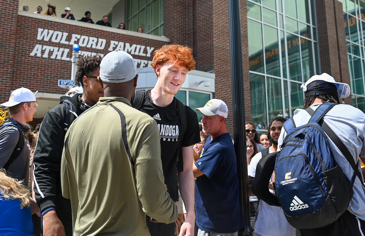 Men’s basketball team members return to McKenzie Arena Friday, Apr. 4, 2025 after winning the NIT tournament in Indianapolis, IN.