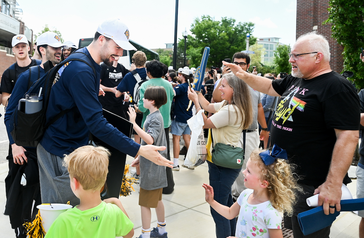 Men’s basketball team members return to McKenzie Arena Friday, Apr. 4, 2025 after winning the NIT tournament in Indianapolis, IN.