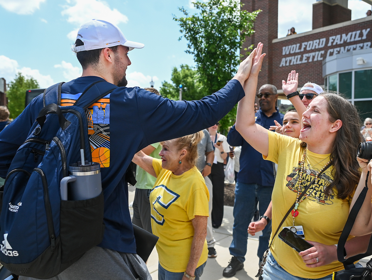 Men’s basketball team members return to McKenzie Arena Friday, Apr. 4, 2025 after winning the NIT tournament in Indianapolis, IN.