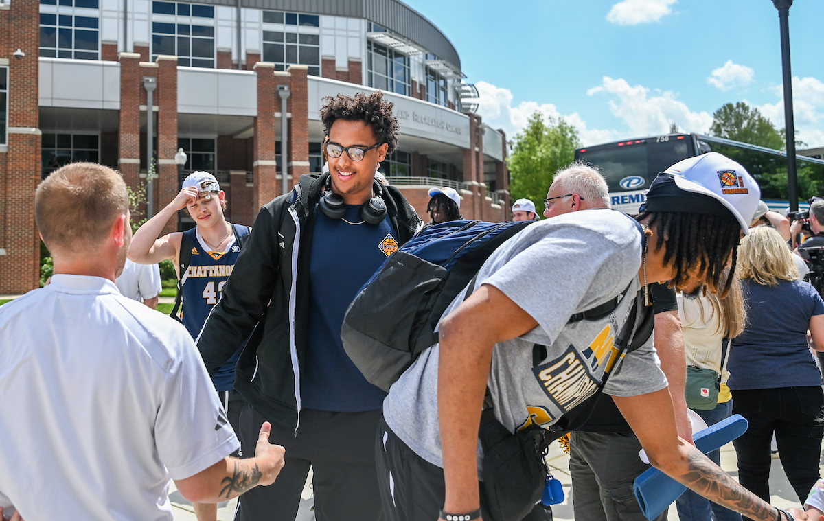 Men’s basketball team members return to McKenzie Arena Friday, Apr. 4, 2025 after winning the NIT tournament in Indianapolis, IN.