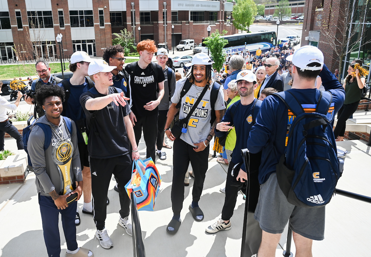 Men’s basketball team members return to McKenzie Arena Friday, Apr. 4, 2025 after winning the NIT tournament in Indianapolis, IN.