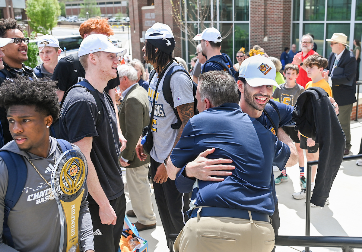 Men’s basketball team members return to McKenzie Arena Friday, Apr. 4, 2025 after winning the NIT tournament in Indianapolis, IN.