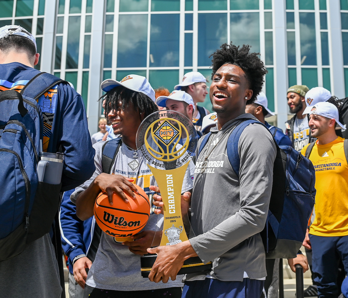 Men’s basketball team members return to McKenzie Arena Friday, Apr. 4, 2025 after winning the NIT tournament in Indianapolis, IN.
