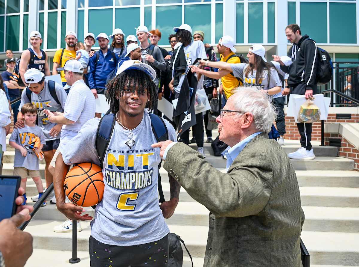 Men’s basketball team members return to McKenzie Arena Friday, Apr. 4, 2025 after winning the NIT tournament in Indianapolis, IN.